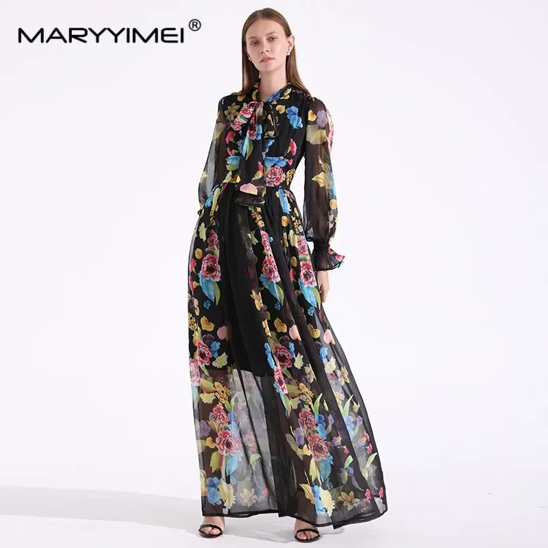 

MARYYIMEI Fashion Spring Summer Women's Dress Scarf Collar Lantern Sleeve Floral Print Bohemia Holiday Parties Maxi long Dresses