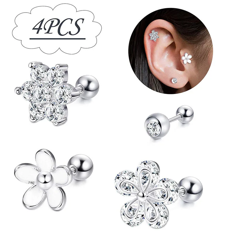 1Pc  Fashion Stainless Steel Mini Zircon Flower Cartilage Piercing Studs Earrings Tragus Piercing Earring For Women Man Jewelry