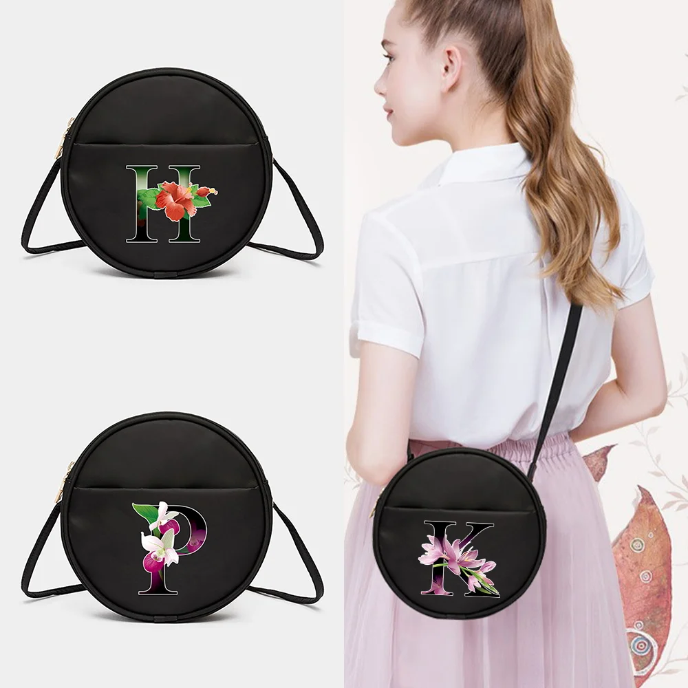 

Female Crosssbody Shoulder Bag 26 Flower Letter Pattern Shoulder Bags for Women Totes Round Messenger Bag Shopping Messenger Bag