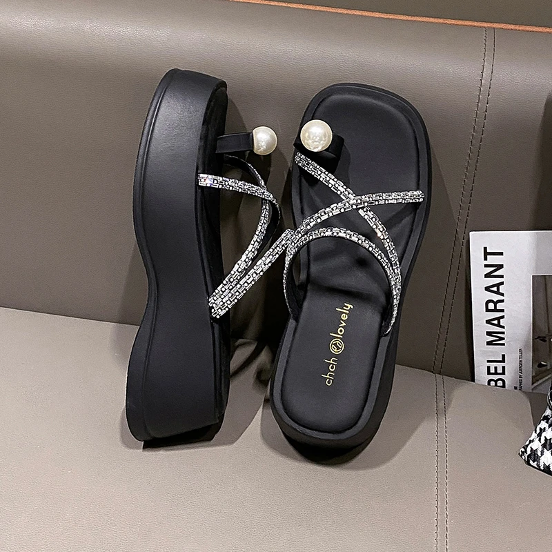 Women's Rhinestone Crisscross Platform Slide Sandals, Fashion Round Open Toe Summer Shoes, Casual Outdoor Beach Slides