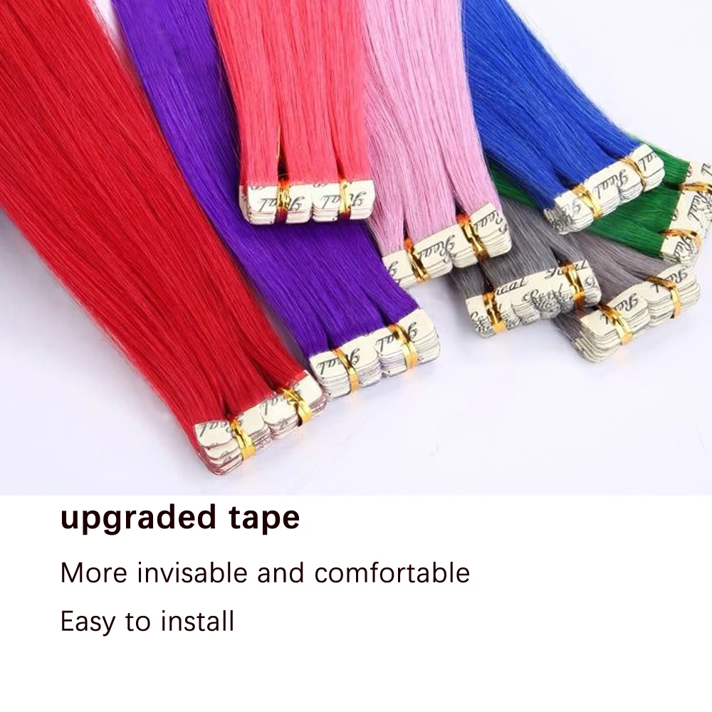 10pcs/pack Tape In Hair Extensions Invisible Adhesive Synthetic Colored Tape In Hair Extension Pink Purple Blue Colorful Hair