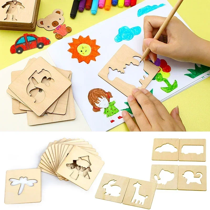 20pcs Montessori Kids Drawing Toys Wooden DIY Painting Stencils Template Craft Toys Puzzle Educational Toys for Children Gifts