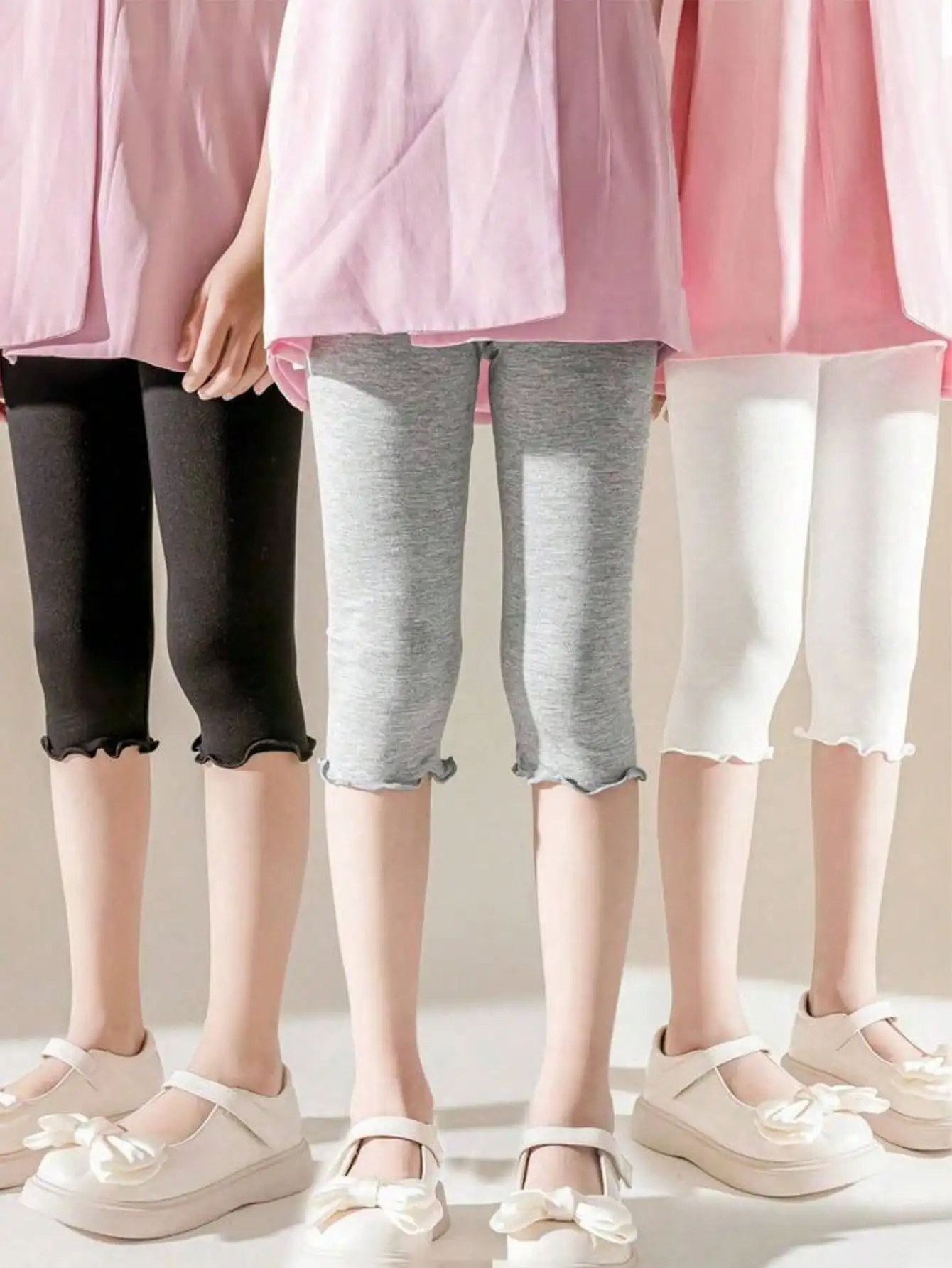 3Pcs Girls 3/4 Leggings Kids Ruffle Hem Capri Pants Anti-Glare Under Skirt Trousers Soft Polyester Elastic Waist Bottoms 110-150
