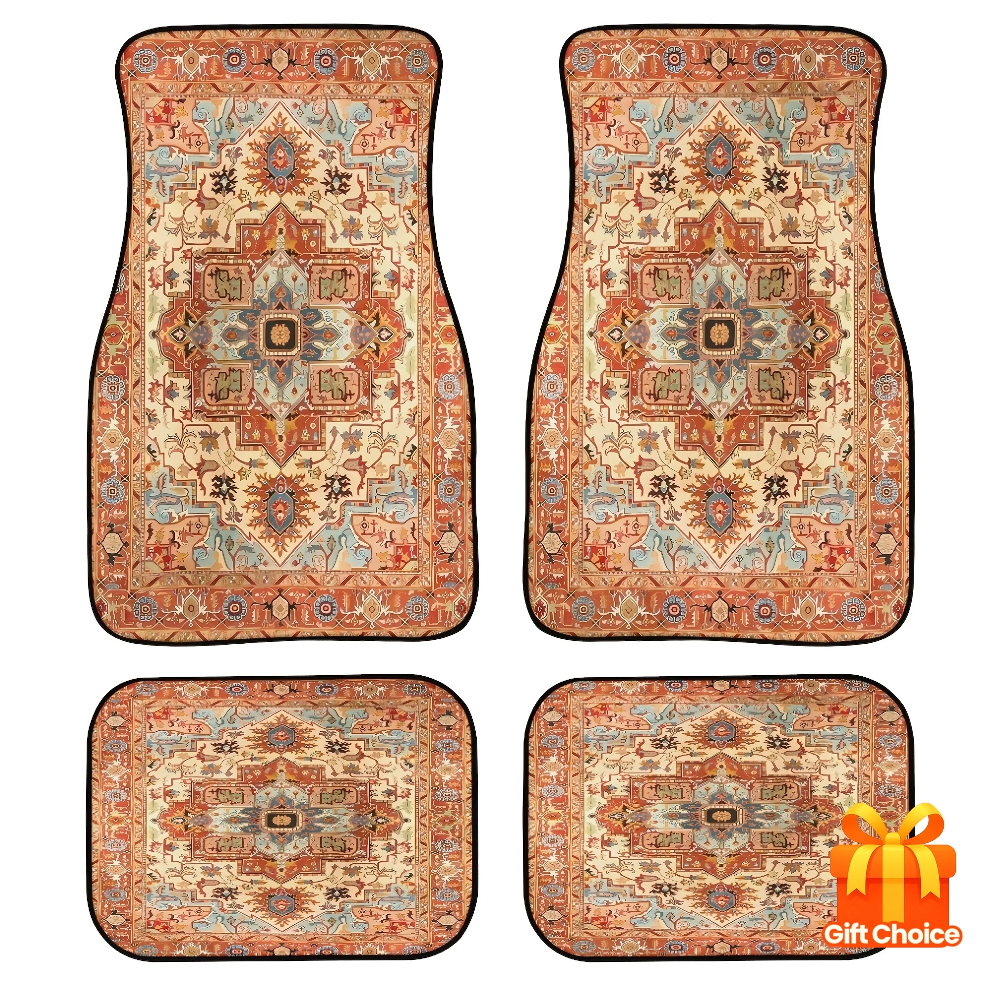 Vintage Bohemian Print, 4pcs Car Non-slip Foot Mats. Suitable For Cars, Trucks, SUVs. Classical Palace Atmosphere Car Interior.
