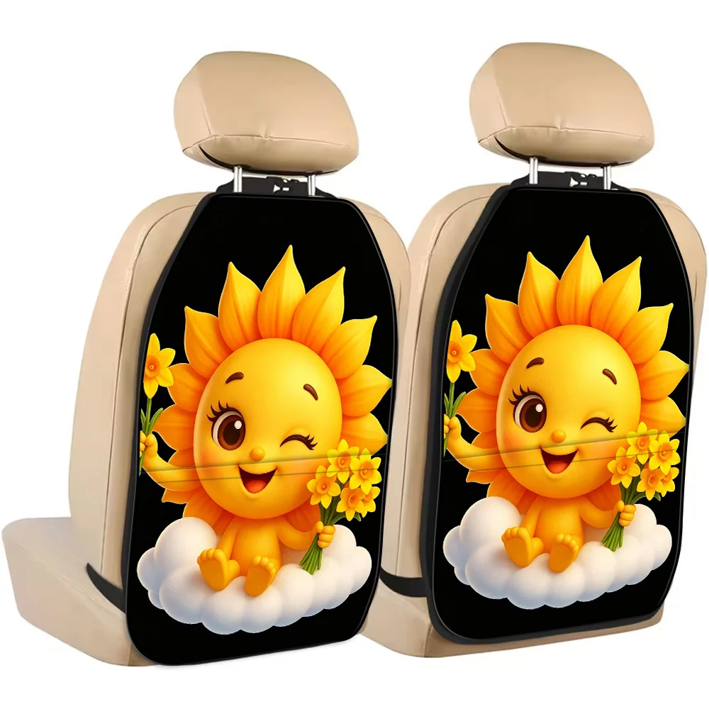 2pcs Cute Cartoon Sunflower Character Print Car Seat Back Cover With Storage Bag, Back Seat Protection Kick Pad, Universal Car S
