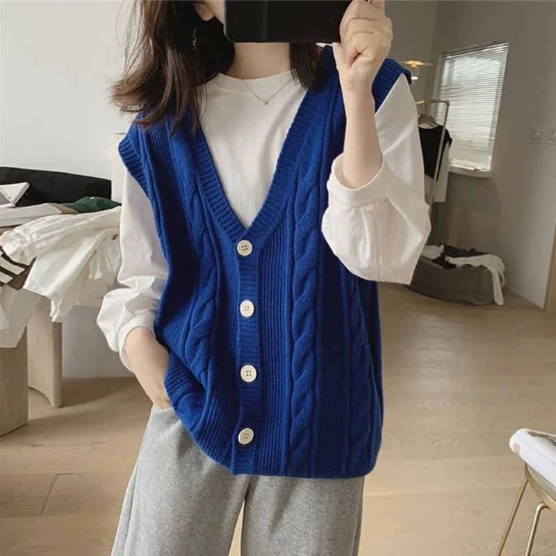 Gilet lavorato a maglia con scollo a V per l'autunno e l'inverno, un nuovo maglione ampio e dimagrante in stile coreano, gilet e cardigan da donna