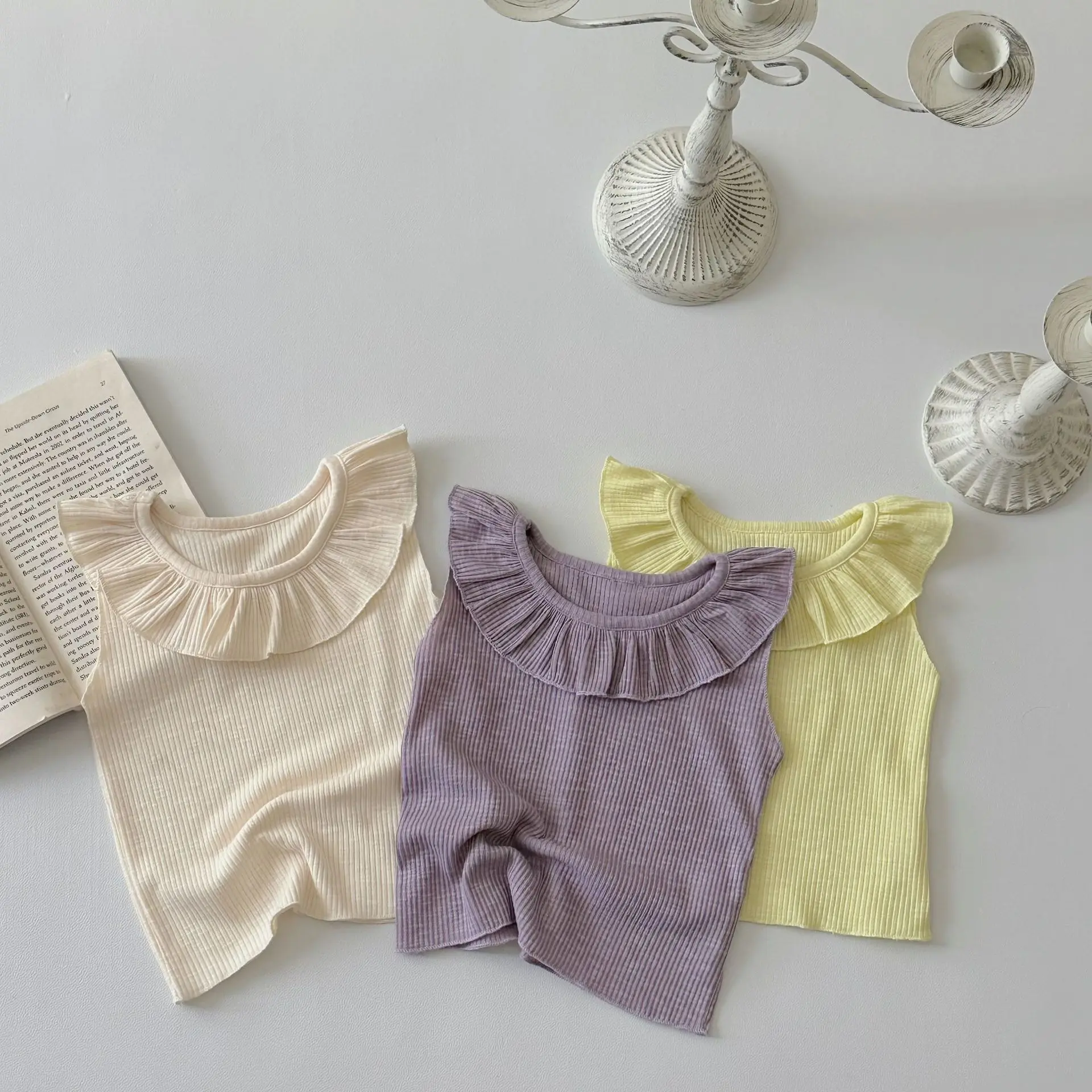 

T-Shirts Summer Sleeveless Lotus Leaf Collar Tops Baby Stripe Thin Undershirt Striped Simple Fashion 2024 Solid Cotton