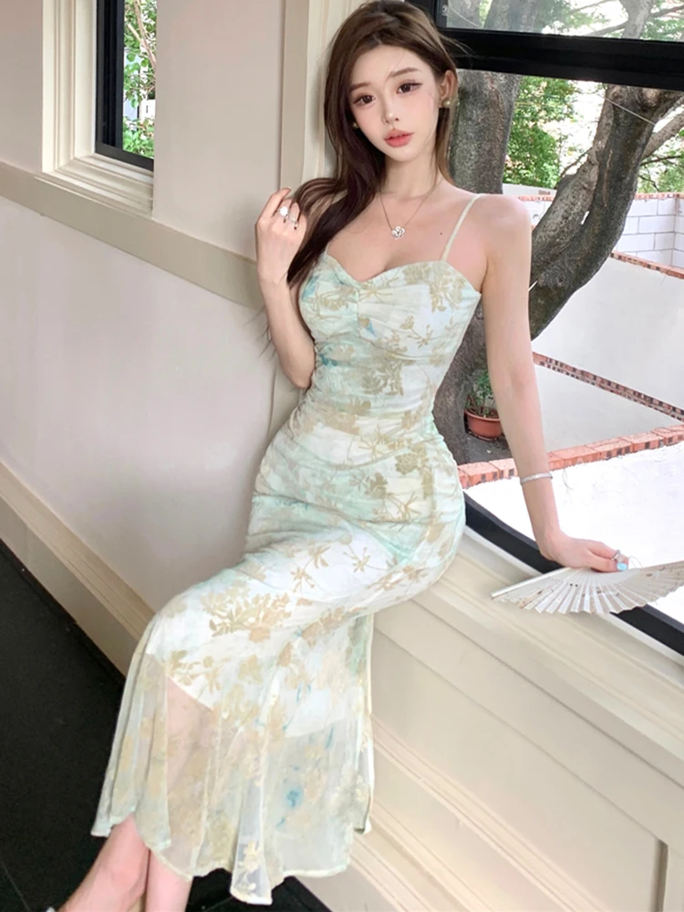 المرأة الأخضر الأزهار شبكة شيك حبال مثير فستان طويل الصيف بوهو فستان مناسبات أنيقة 2025 الكورية أنيقة Bodycon فساتين غير رسمية #6