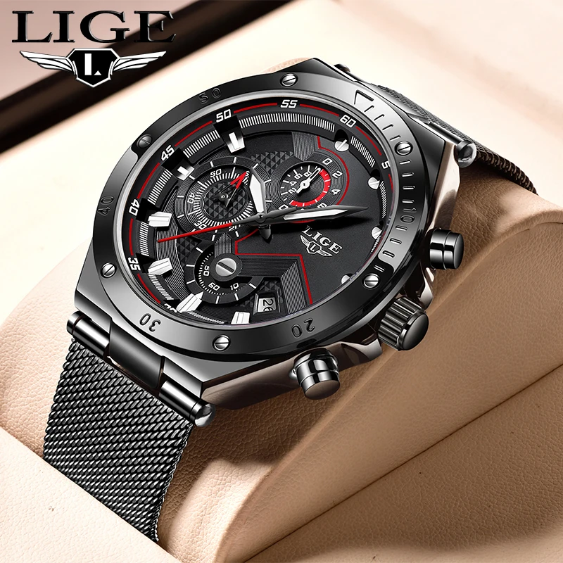 

2032 LIGE Men Watch Fashion Chronograph Date Quartz Watch for Men Casual Waterproof Sports Wristwatch Relogio Masculino+Box New