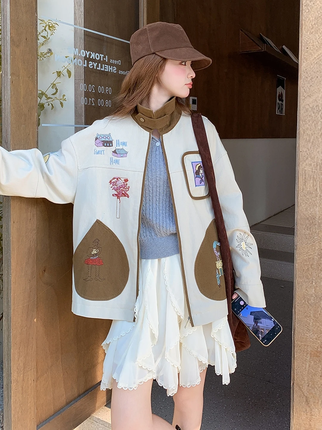

Retro Cartoon Embroidery Workwear Jacket Women's Loose Casual Fashion Spring Autumn New Design Comfortable Outerwear