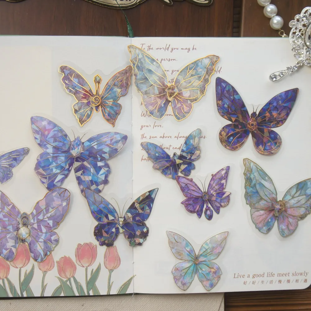 

10 Pcs Laser Diamond Pattern Purple Blue Colorful Glass Butterfly Style PVC Sticker Scrapbooking DIY Gift Decoration Tag