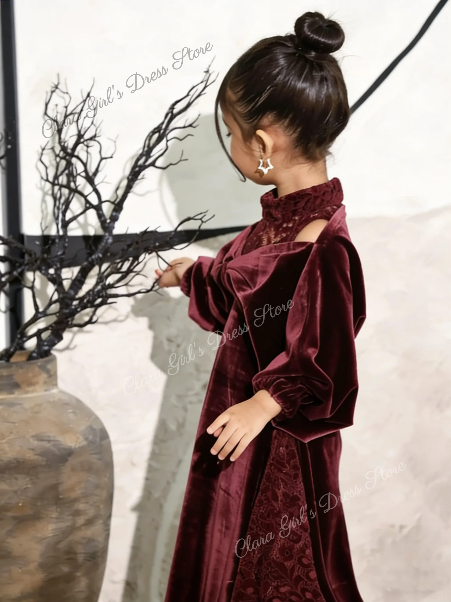 

Изготовленное на заказ винно-красное кружевное платье трапециевидной формы с высоким воротом для девочек с рукавами-фонариками и бантом, свадебное платье, праздничное платье