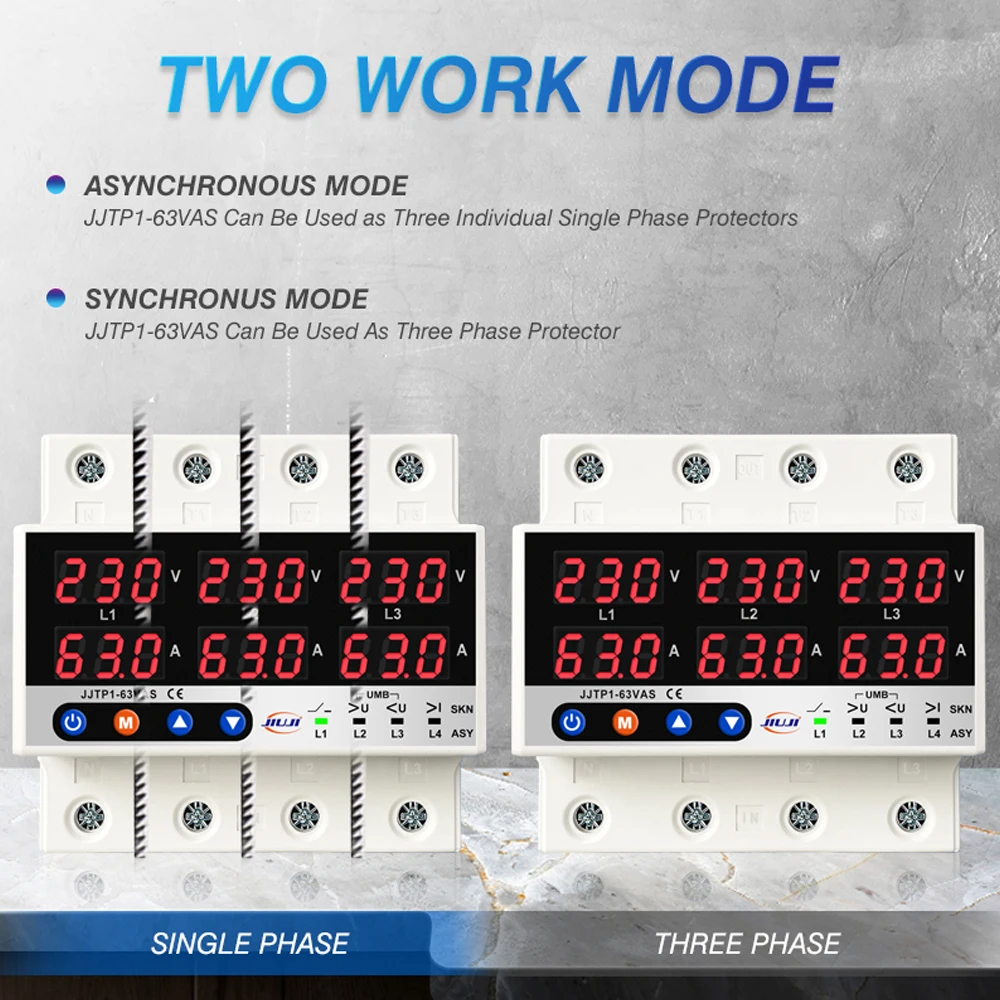 3 Phase 3P+N Din rail Voltmeter Ammeter adjustable Over Under Voltage current limit protection Monitor Relays Protector 63A 100A