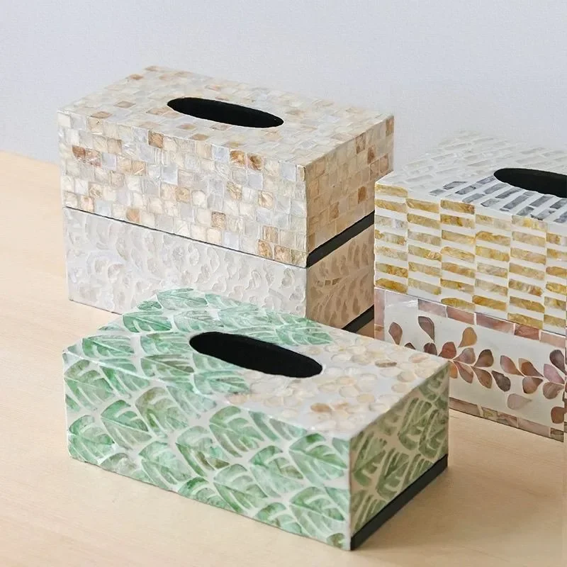 Natural Shell Tissue Box, Luxury Seashell Accent Napkin Holder for Living Room Coffee Table, Coastal Home Decor Organizer Use