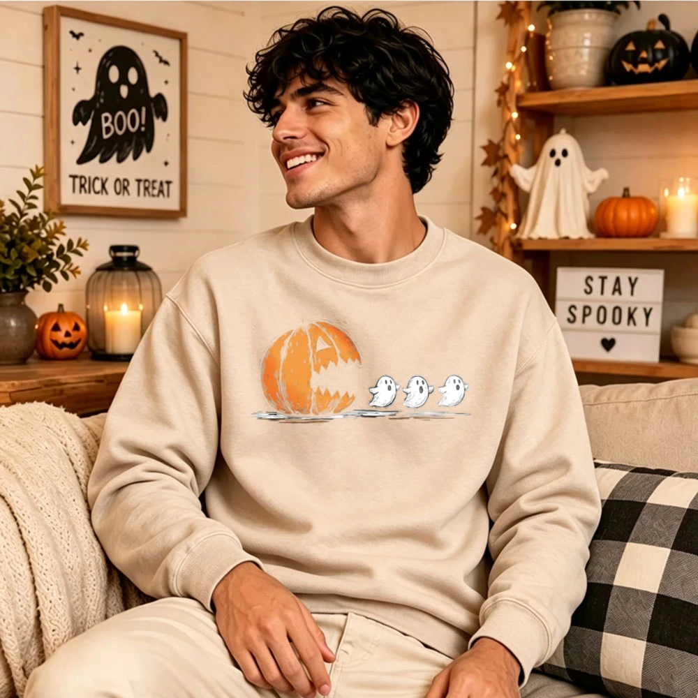 Halloween Pumpkin Chasing Ghosts Graphic Crewneck Sweatshirt Spooky Funny Ghost Print Long Sleeve Holiday Casual Pullover Tops