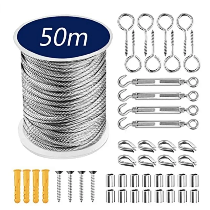 15/30/50 Meter Steel PVC Coated Flexible Wire Rope Soft Cable Transparent Stainless Steel Clothesline Diameter 2mm Kit