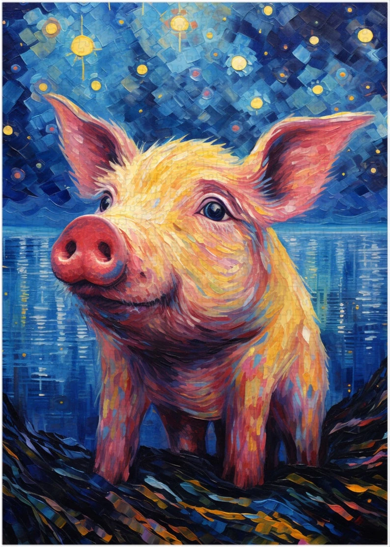 

500/1000 PCS Jigsaw Puzzle Starry Night Pig Diy for Adults Beginners , Gifts Home Decoration Games ﻿
