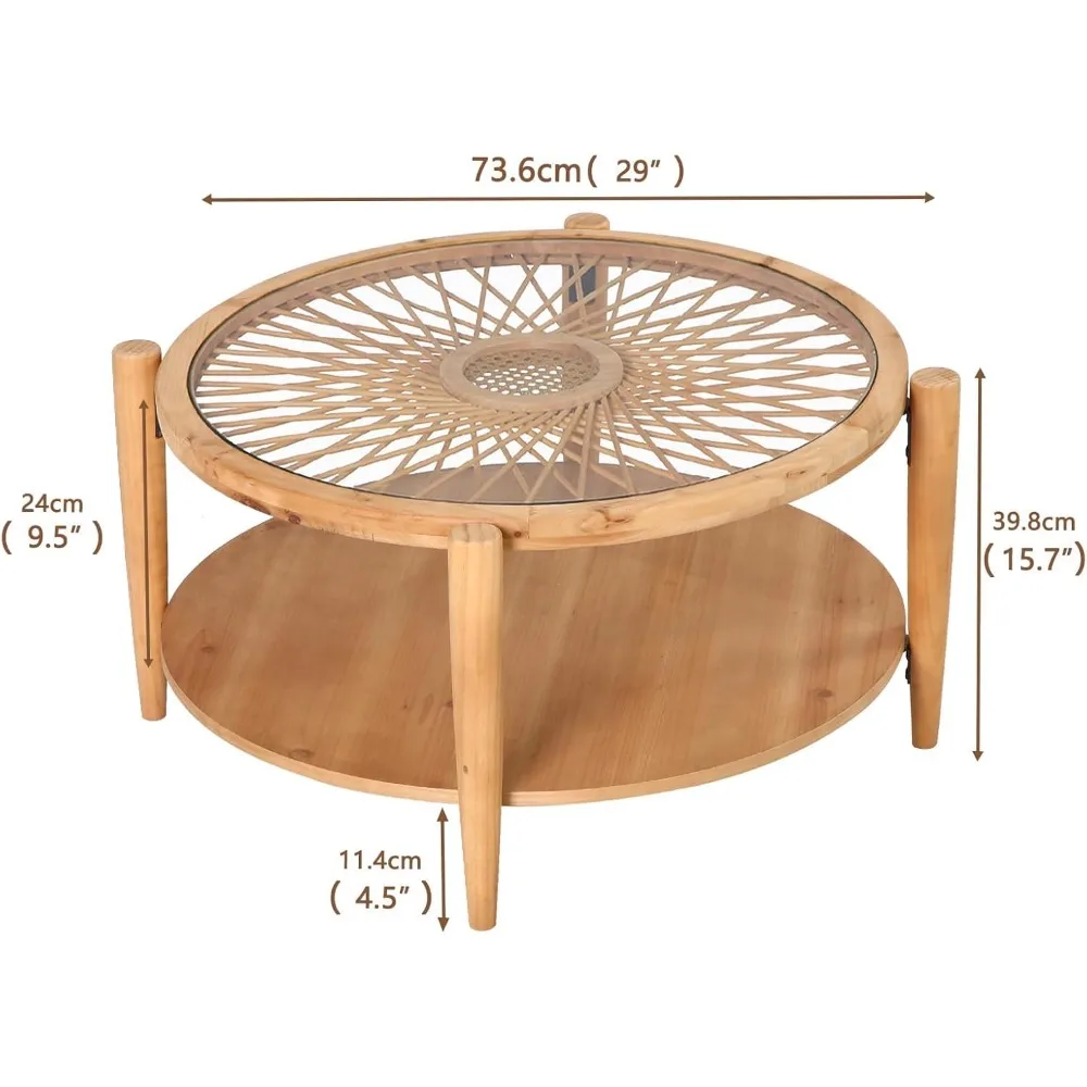 Mid Century Modern Two-Tier Rattan Cocktail Table with Tempered Glass Top, Bohemian Style Living Room Furniture