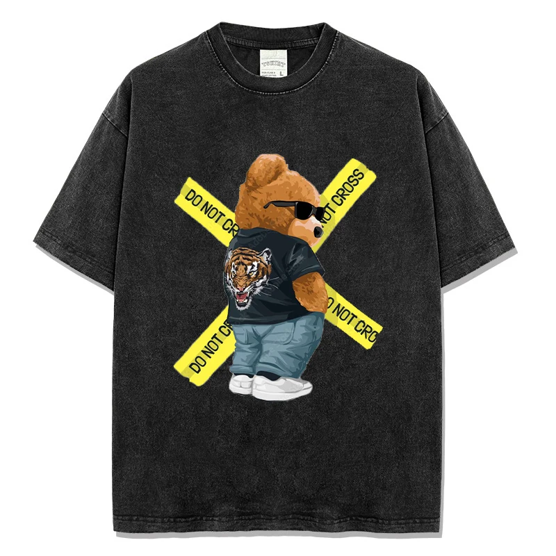 

Do Not Cross Bear Print Men's Casual T-shirt Washed Color Designer Short Sleeve T Shirt Hip Hop Man Harajuku Y2k Tees Fo Male