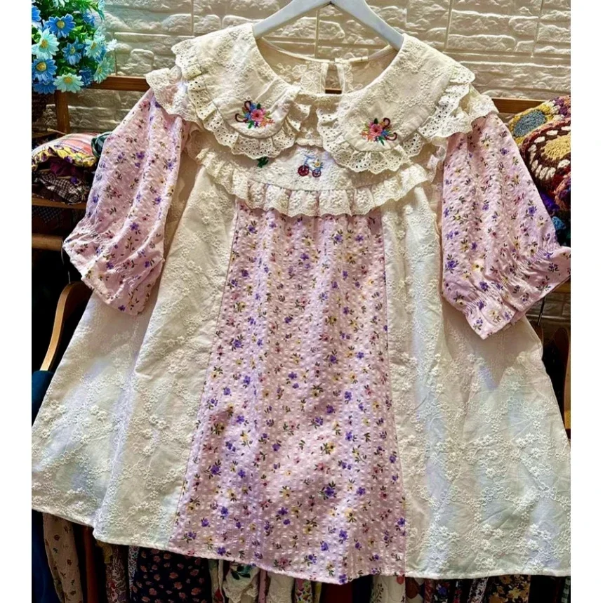 Cottagecore Vintage Cotton Floral Embroidery Ruffled Lace Patchwork Babydoll Blouse Retro Victorian Rococo Shabby Chic Shirt Top