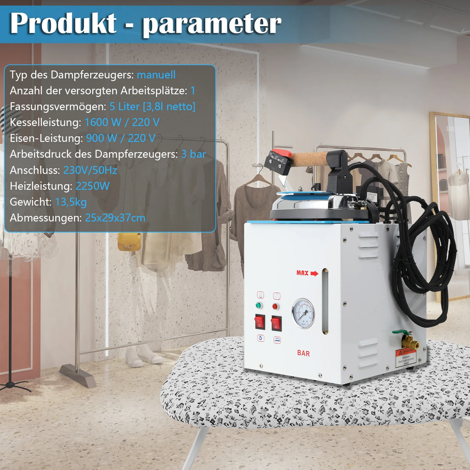Bild 5: 2250W Haushaltsdampfbügeleisen, 220V Dampfgenerator-Bügelsystem mit 5-Liter-Wassertank und Anzeige