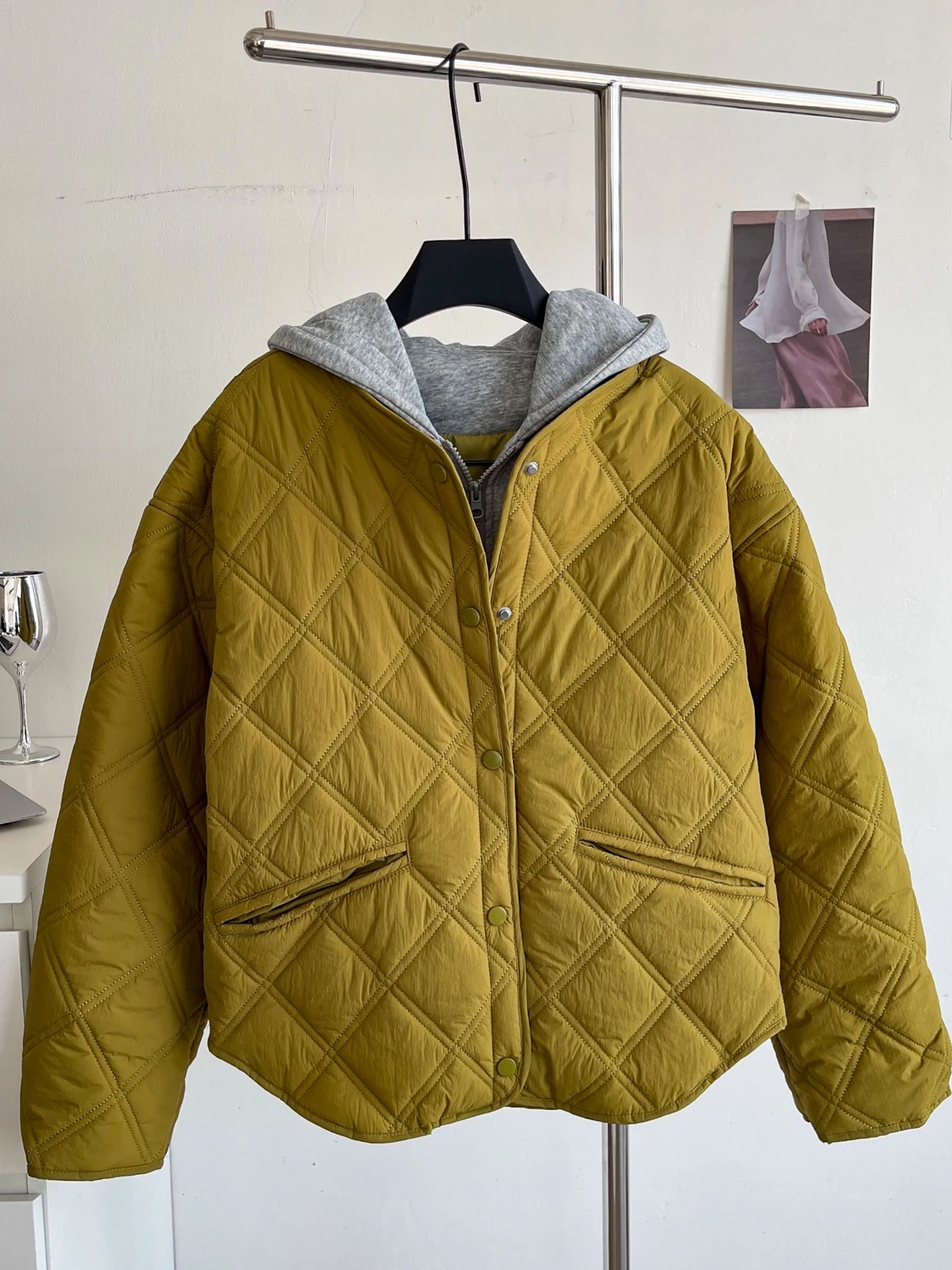 

Faionable Patchwork Long Sve Cotton Jaet Women's Loose Winter Outerwear Commute Sle Diamond Pattern Casual Wear