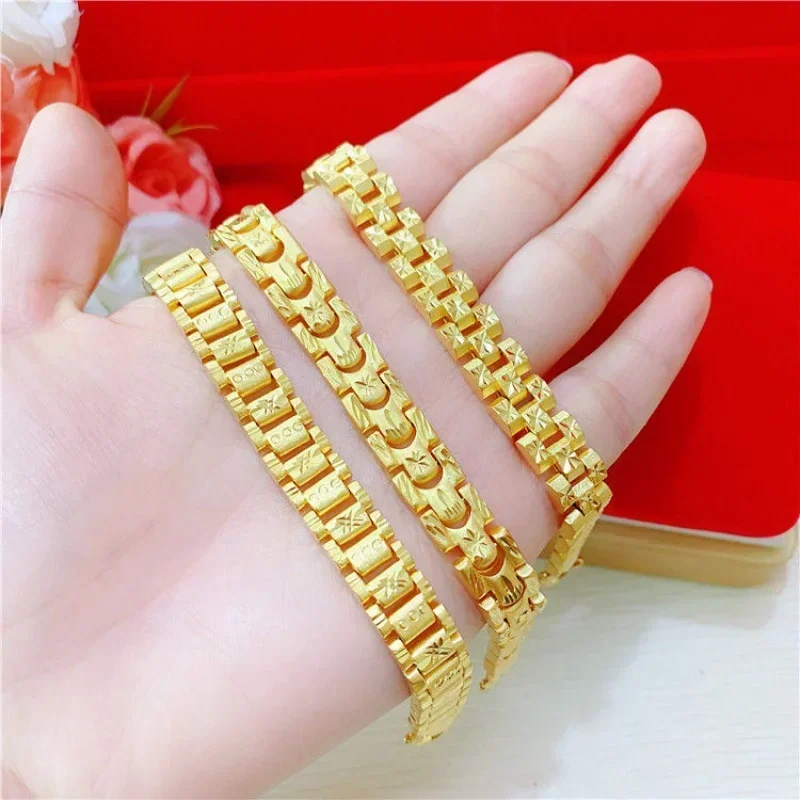 Gold shop with 999 24k real gold bracelet domineering men's bracelet wide real gold watch chain jewelry 5D gold local tyrants