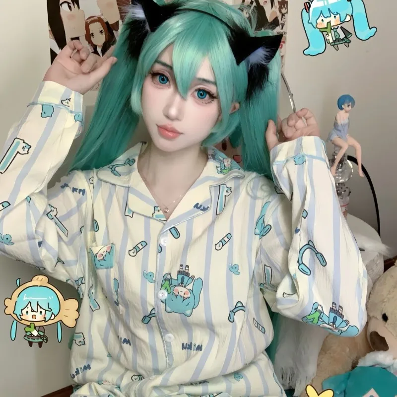 Kawaii Hatsune Miku Cartoon Anime Sleepwear Set Autumn Winter Pajamas Women Long-Sleeved Casual Loose Cute Homewear Trousers