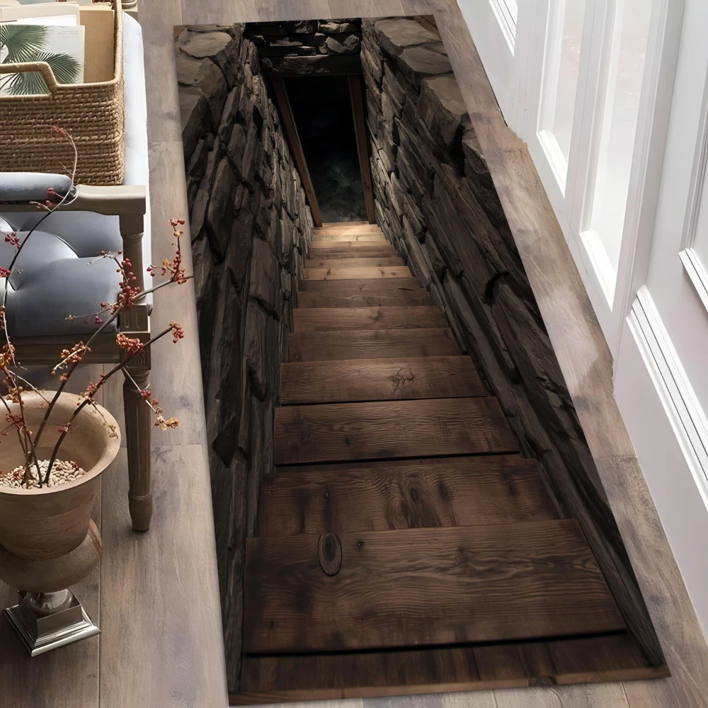 Retro 3D Stone Cellar Wooden Stair Optical Illusion rug basement cabin game room lounge corridor eye catching floor decor