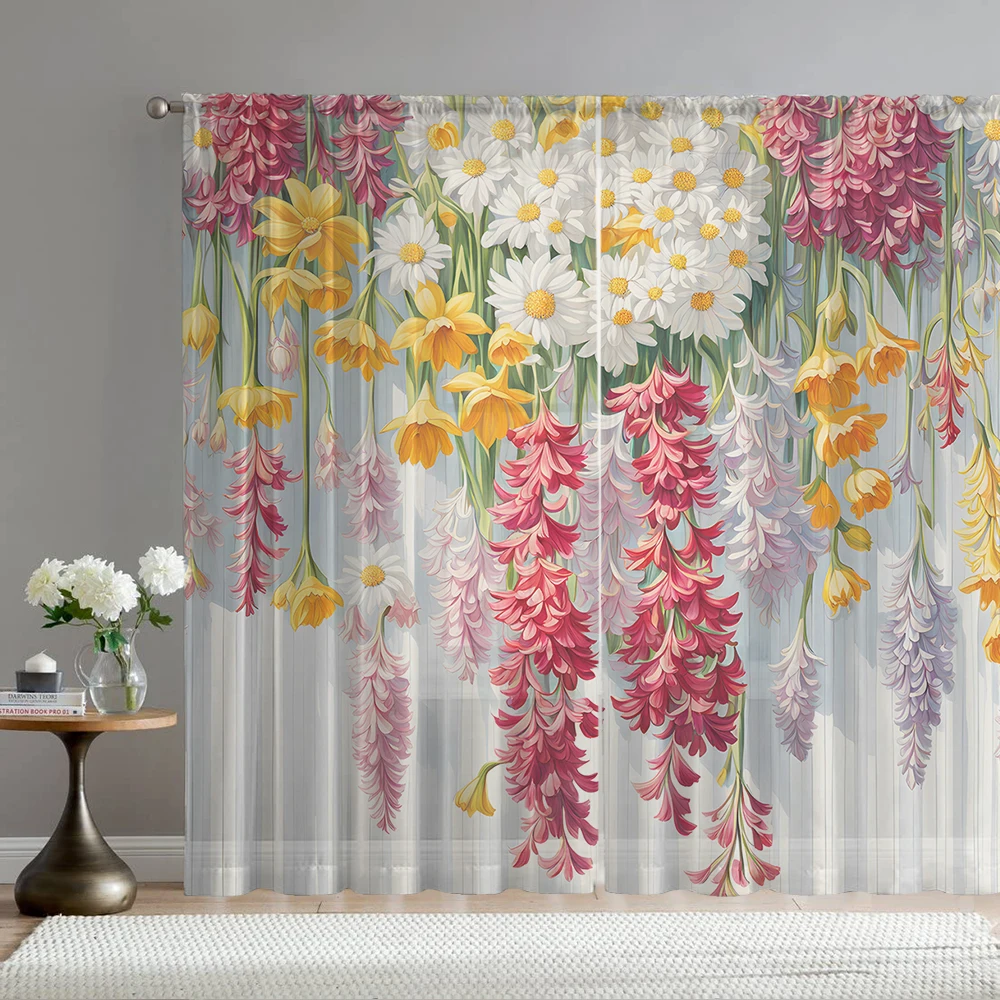 2PCS Colorful floral printed window screens for home decoration, with pole bags, suitable for kitchens, cafes, and living rooms
