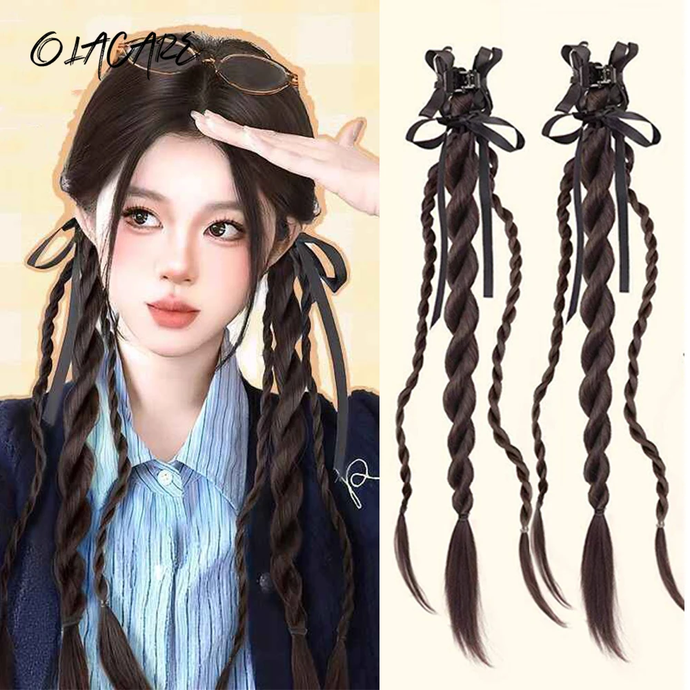 2PCS Synthetic Bow Ponytail Twist Braid Natural Stable Twist Boxing Braid Hair Clip Claw Style Trendy Girl Hair For Women