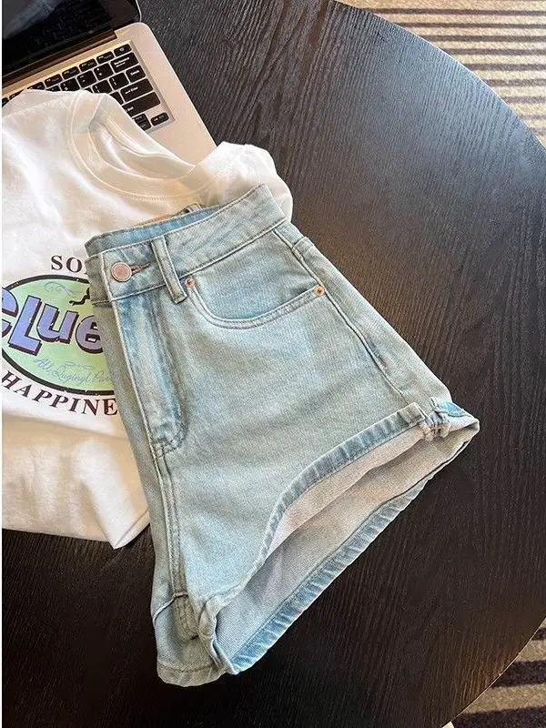 

Женские джинсовые шорты с высокой талией, А-силуэт, весна-лето, утягивающие, эластичные, светло-голубые, повседневные, широкие джинсы-шорты