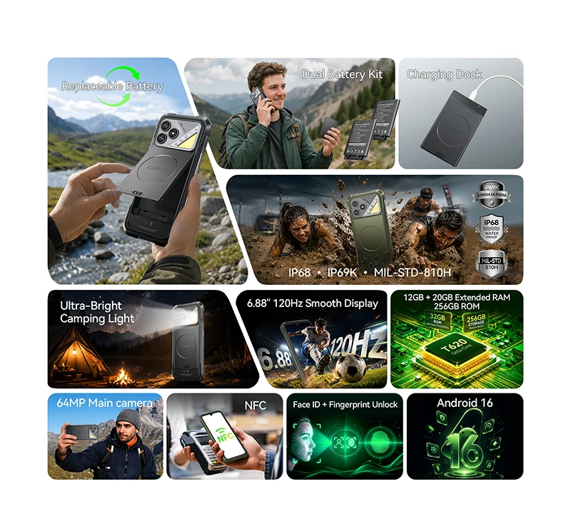 Rugged Smartphone Android 16 Cubot KingKong Dura, Up to 32GB RAM +256GB ROM, 6.88-Inch 120Hz Screen, IP68&IP69&MIL-STD-810H, NFC