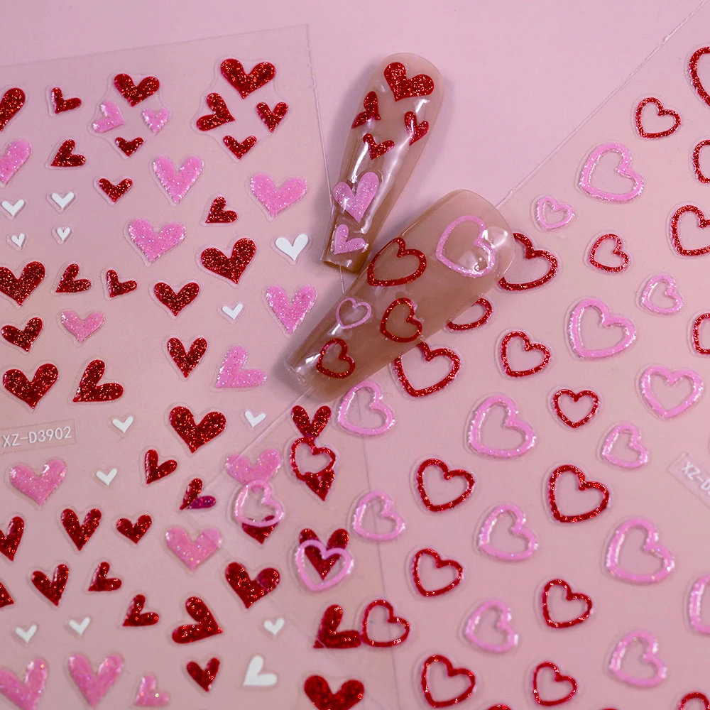 1Pc Red Pink White Heart Bow Nail Art Stickers with Glitter Sequins 5D Self Adhesive Nail Decorations Slider Decals DIY Manicure