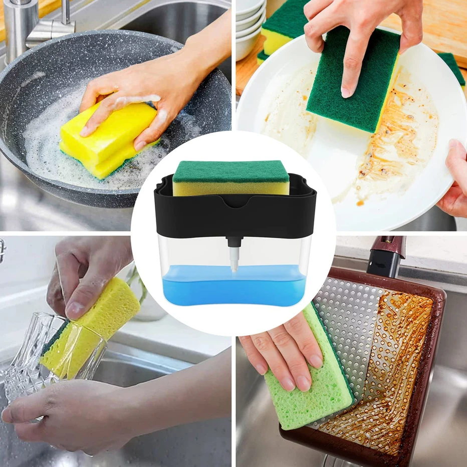 Dispensador automático de jabón para platos, soporte de esponja para fregadero de cocina, dispensador de bomba de líquido de limpieza recargable,