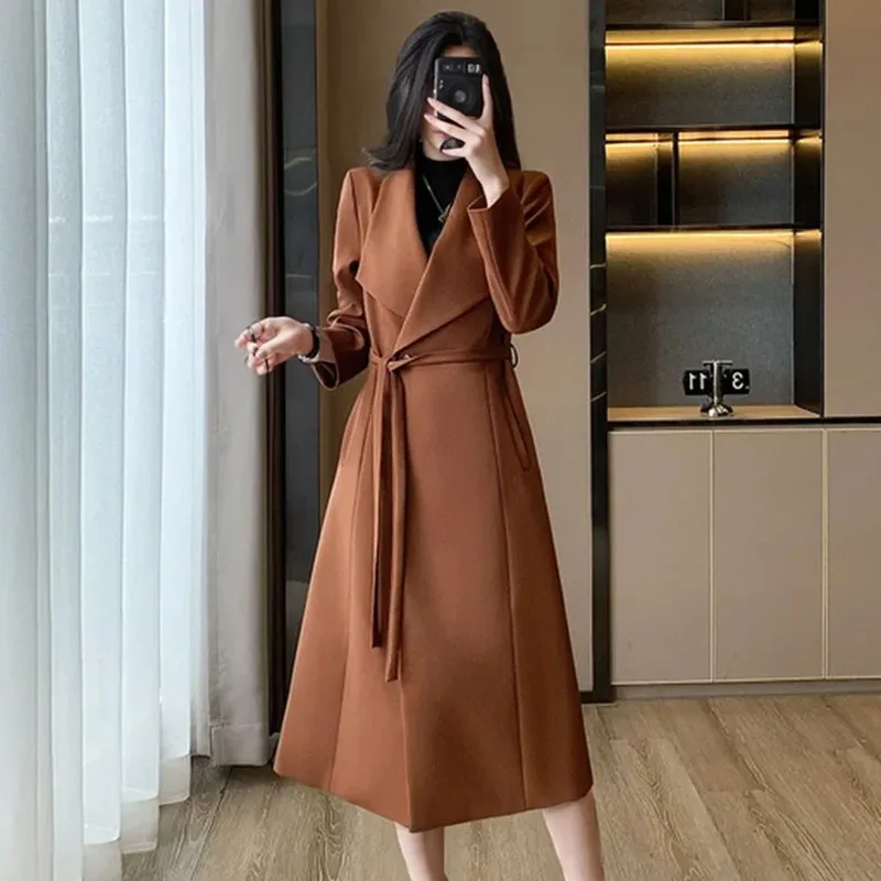 

Women Woolen Coat Single Button Autumn Winter New Fashion Loose Long Trench Coat Retro Loose Female Overcoat Ladies Windbreak