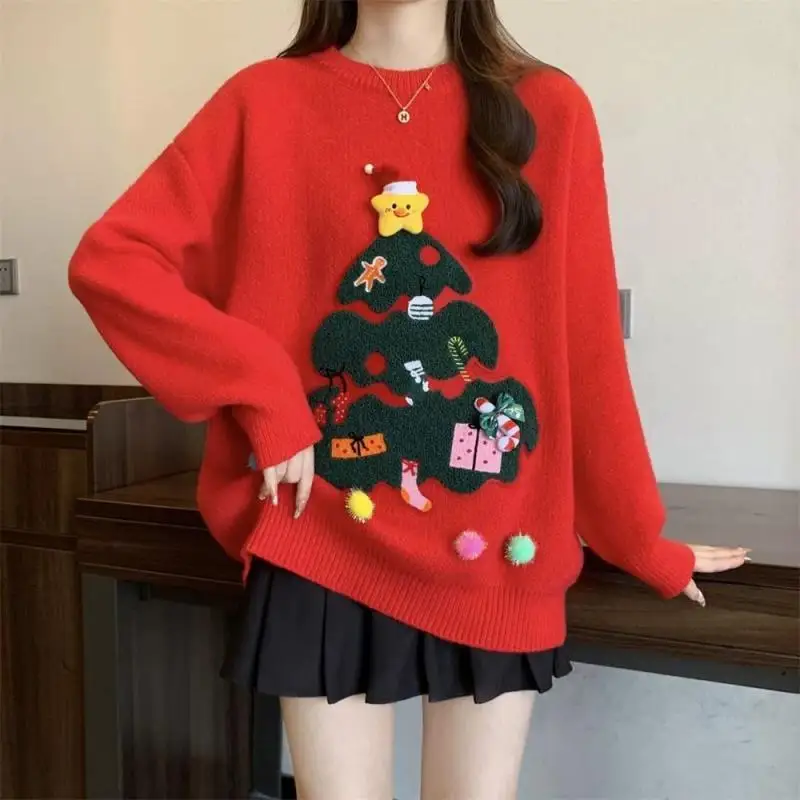 

Ladies Thiened Knitted Sweater Lazy Sle Design Winter New Arrival Overhead Pullover Soft Polyester Fiber round Ne Cartoon