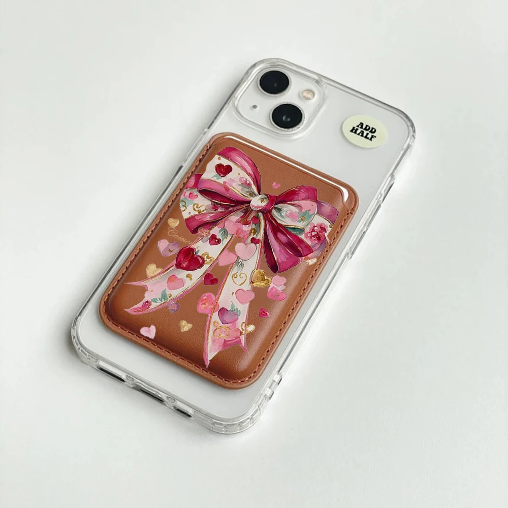 Coquet Rosa Schleife Leder-Kartenetui Handyhülle Kartenhalter Geeignet für alle iPhone-Hüllen Magsafe Magnetische Karten-Handy-Rückentasche – Detail 2
