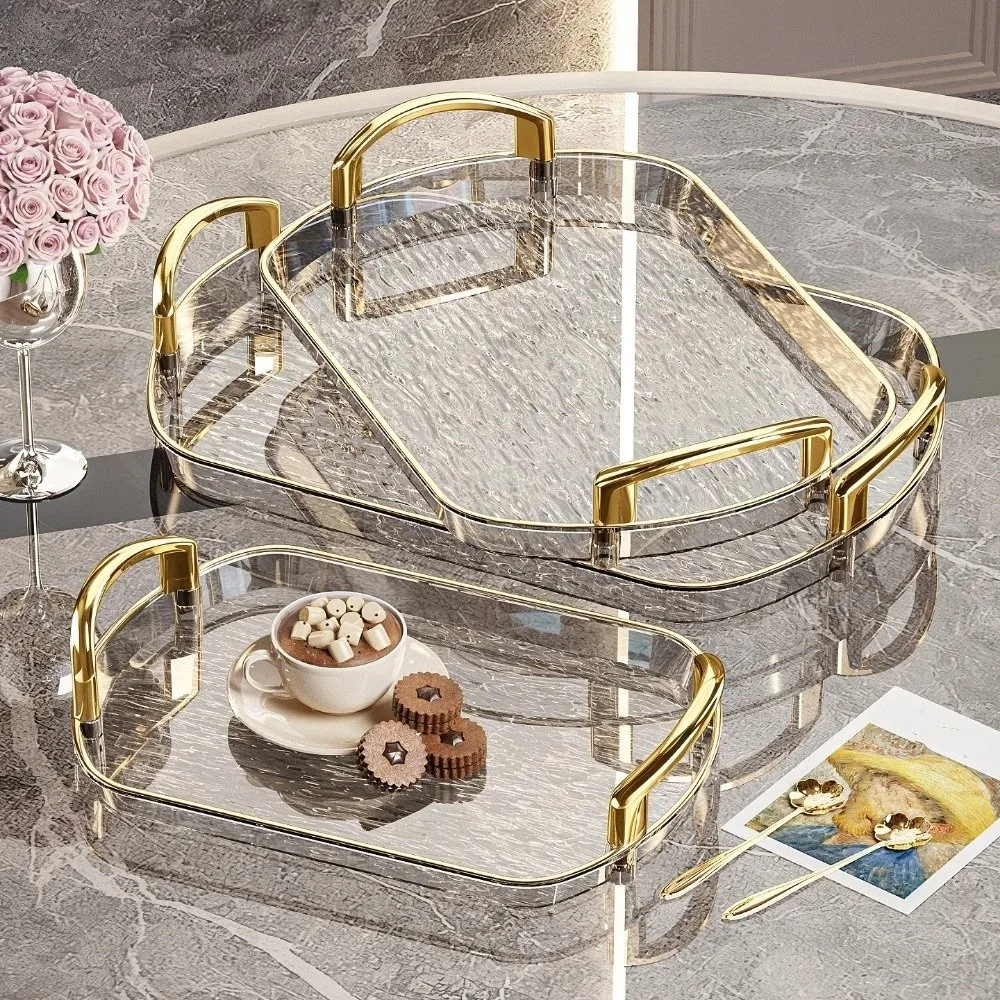 Transparent Clear Luxury Tray Gold Rim Double Handles Storage Tray Rectangular Large Capacity Dining Tea Serving Platter
