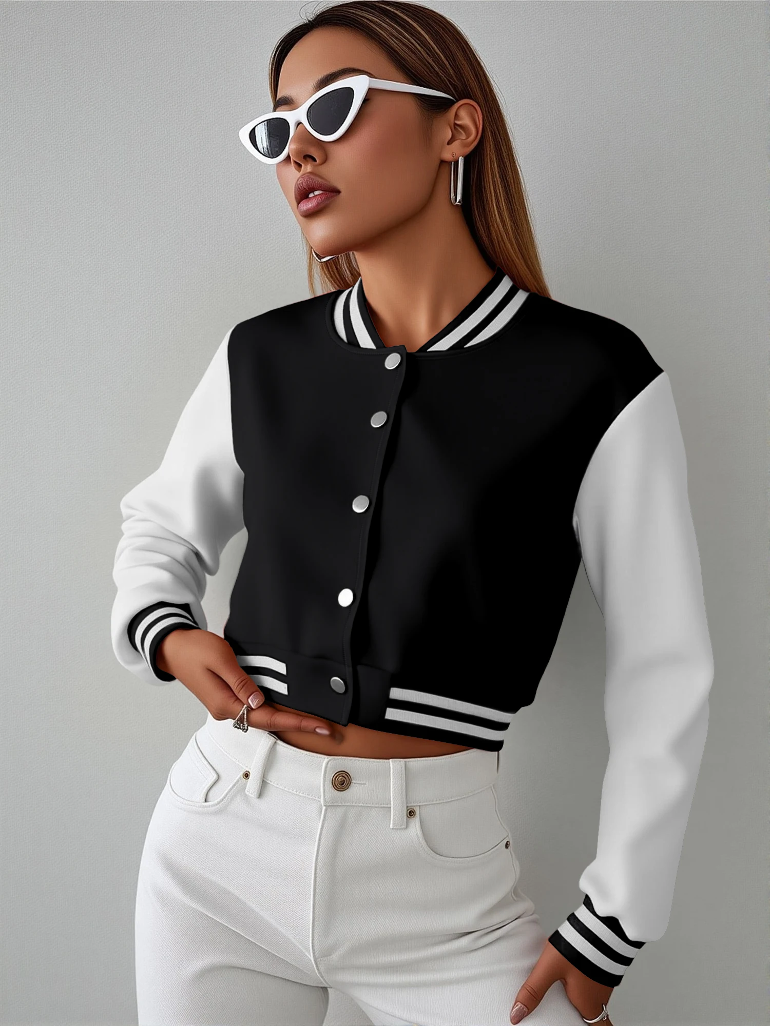 Hip Hop Streetwear Ladies Cropped Baseball Varsity Jacket Contrast Sleeve Striped Neck Short Outerwear
