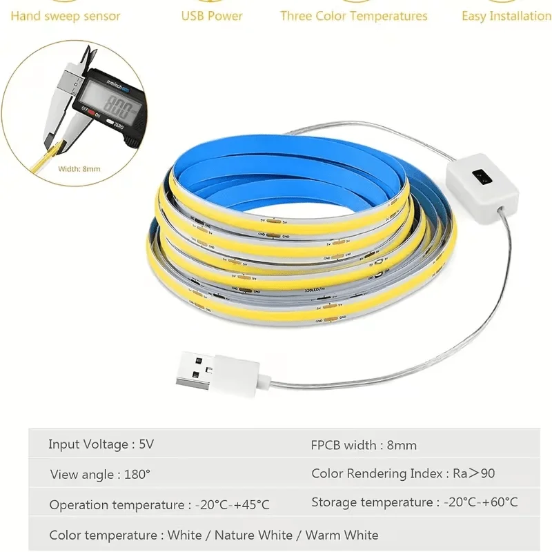 1-Pack USB Flexible COB Neon Light Strip with Touch Switch and Stepless Dimming, Soft and Non-Glaring Light