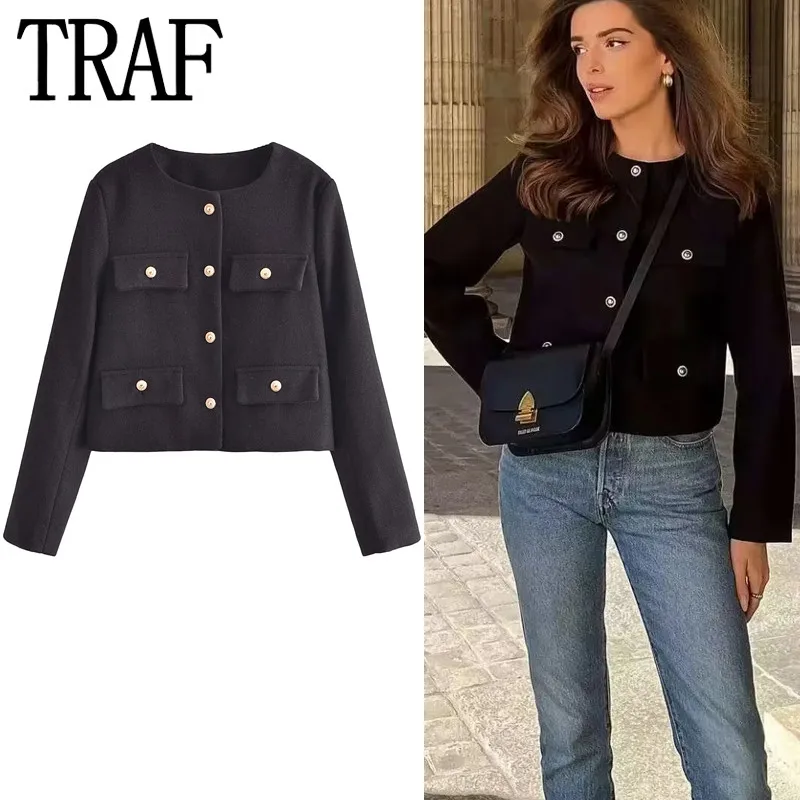 TRAF Cropped Black Jacket Women Vintage Tweed Jacket Woman Fashion Autumn Elegant Womens Jackets 2023 Button Long Sleeve Coat