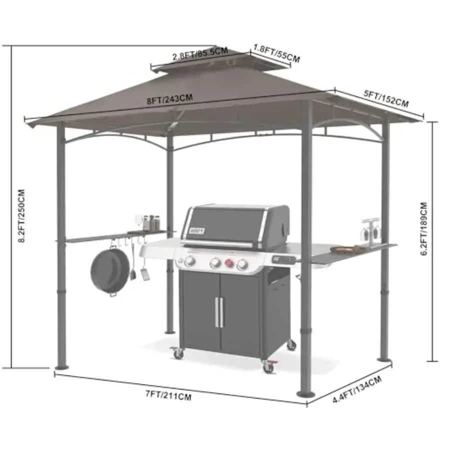 8 x 5 Outdoor BBQ Gazebo  with 2 LED Lights in Black Polyester Fabric for Garden Patio Cooking
