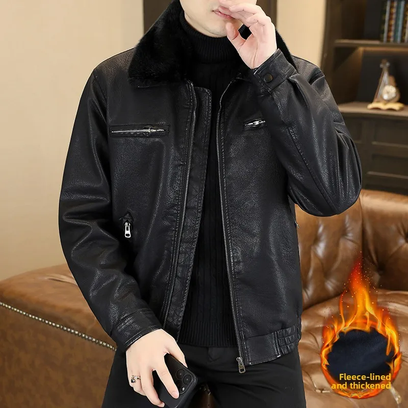 

Новинка 2025, мужское мотоциклетное пальто из искусственной кожи с подкладкой Bla, моющееся зимнее пальто с длинным воротником свека, стандартной посадки