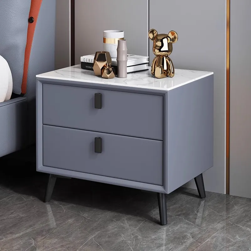 Nordic Style Solid Wood Bedside Table with Sintered Stone Top Modern Bedroom Nightstand with 2 Drawers Home Side Storage Cabinet