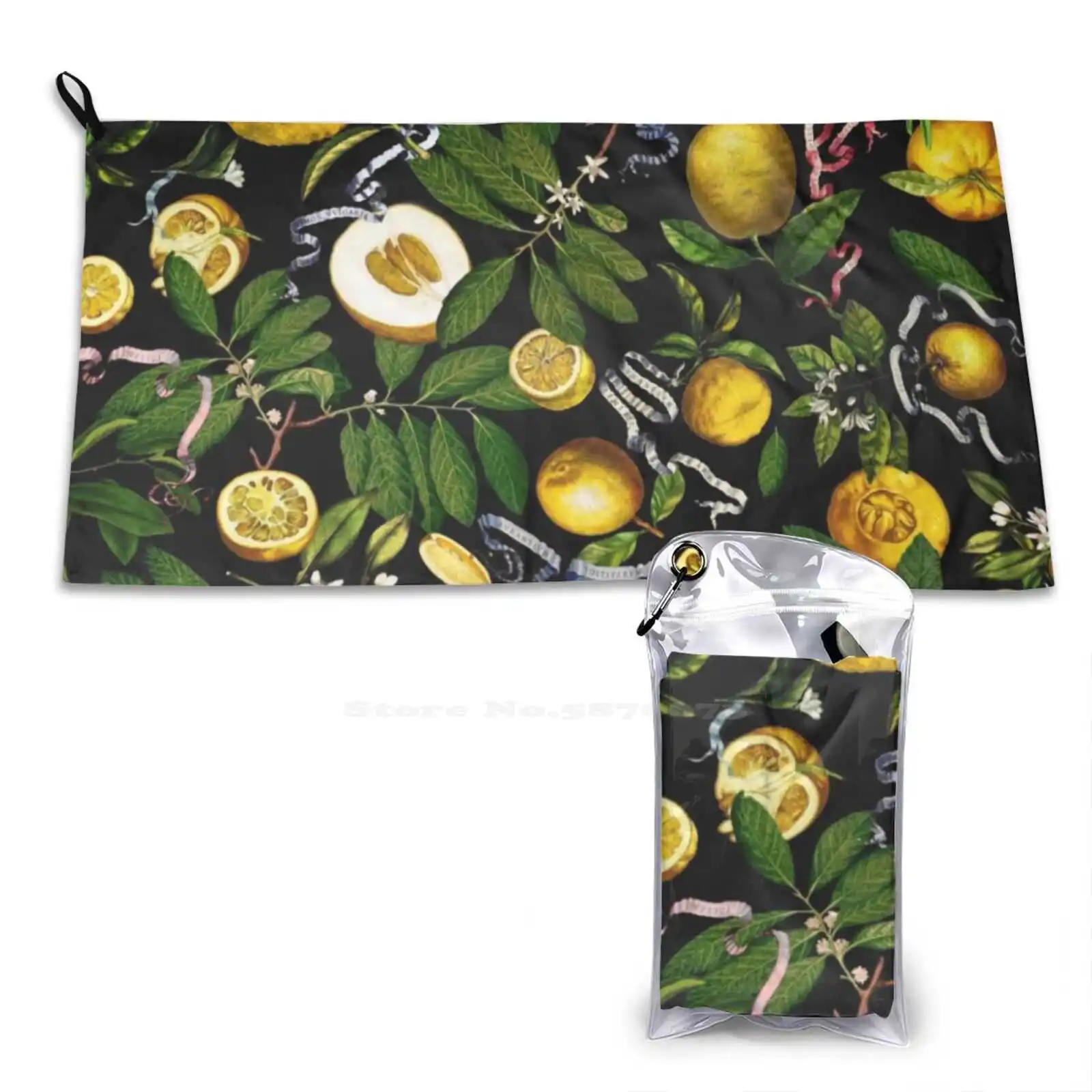 Lemon Tree-Black Custom Soft Sport Towels Home Outdoor Lemon Fruit Nature Exotic Tropical Jungle Summer Yellow Black Leaves