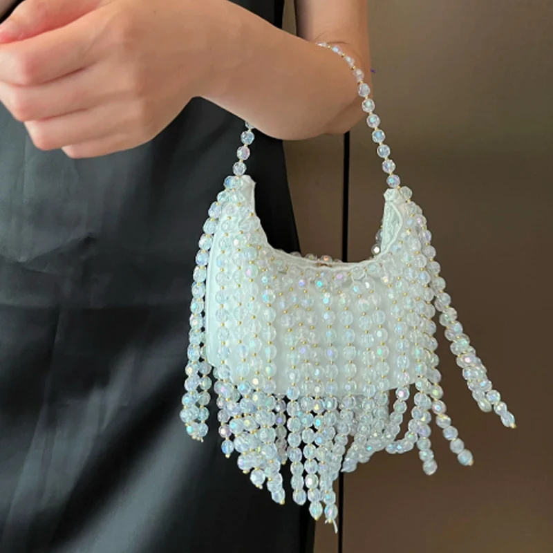 Bolso de lujo de hadas, bolso de cubo tejido Popular con cuentas, bolso cruzado, diseño de bolso de mujer con perlas ahuecadas