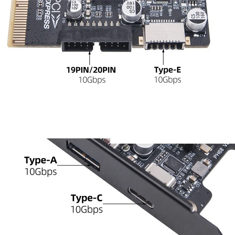 

New--2 Port PCI-E 4X To USB 3.2 Gen 2 A Type C Expansion Card Front Type E 19P/20P Connector 10Gbps Full Speed Transmisson
