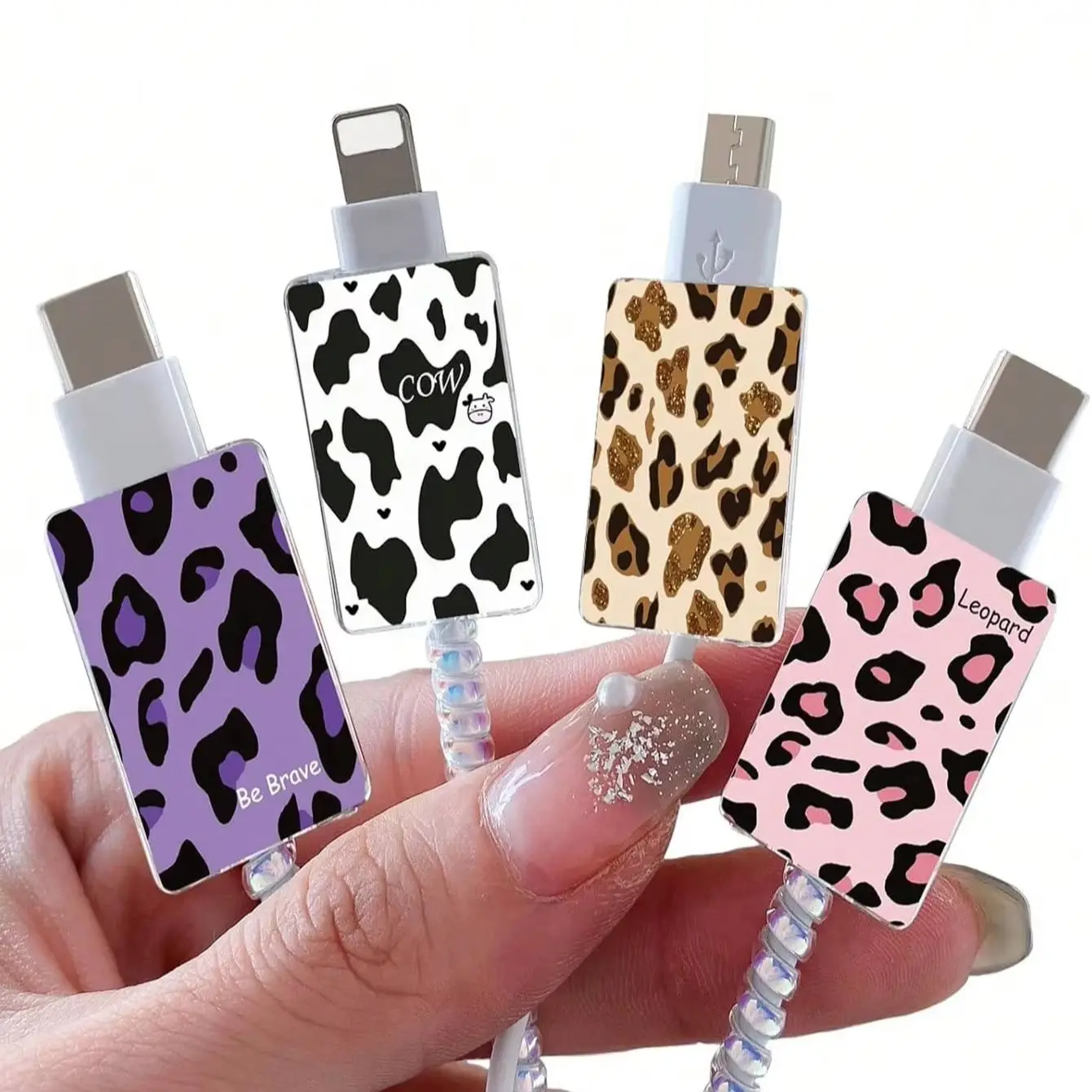 Leopard Print 4Pcs Cable Protector, Cute Fruit Flower Anti-Break Charging Cord Clip Cover for Apple iOS