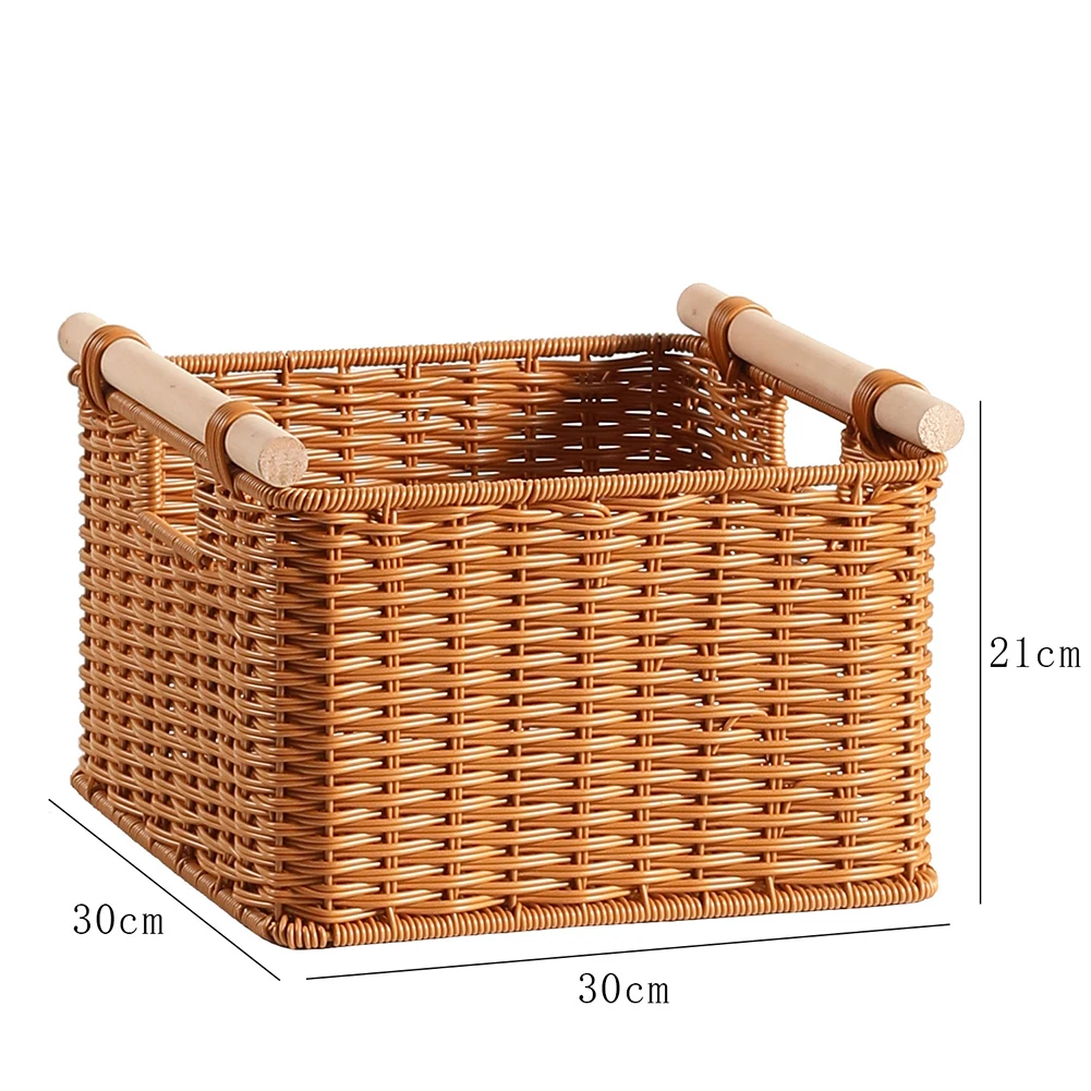 

Retro-style Handwoven Storage Basket With Faux Rattan And Solid Wood Handle Wooden Handle Desktop Storage Baskets For Organizing